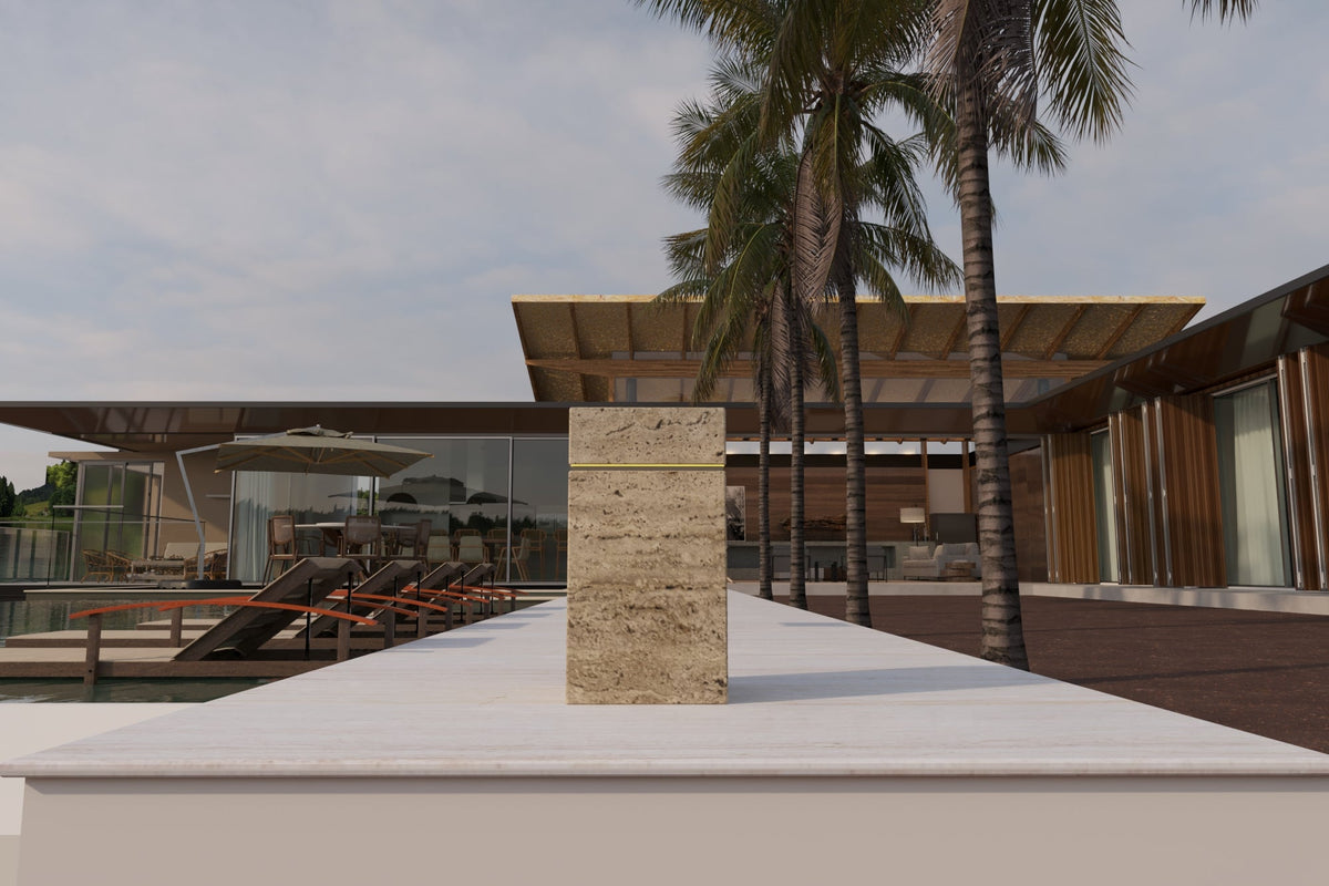Tall rectangular travertine marble side table with a horizontal LED strip near the top, shown outdoors on a white surface with palm trees and modern architecture in the background.