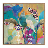 Abstract floral painting with overlapping organic shapes in turquoise, purple, gold, and pink accented by patterned petals on a textured beige background.