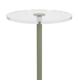 Minimalist round drink table with clear acrylic top and single olive green cylindrical metal leg, viewed against a white background.