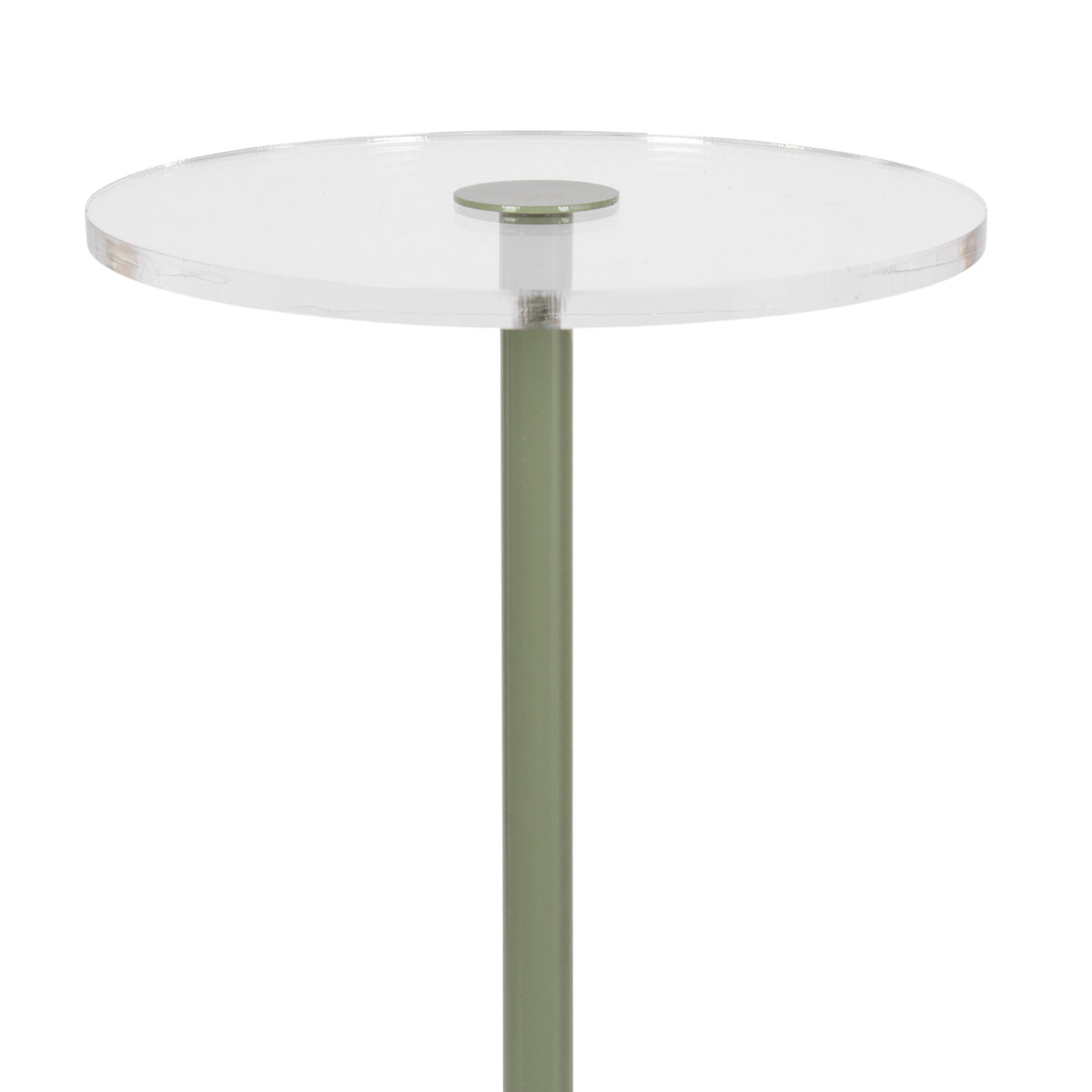 Minimalist round drink table with clear acrylic top and single olive green cylindrical metal leg, viewed against a white background.