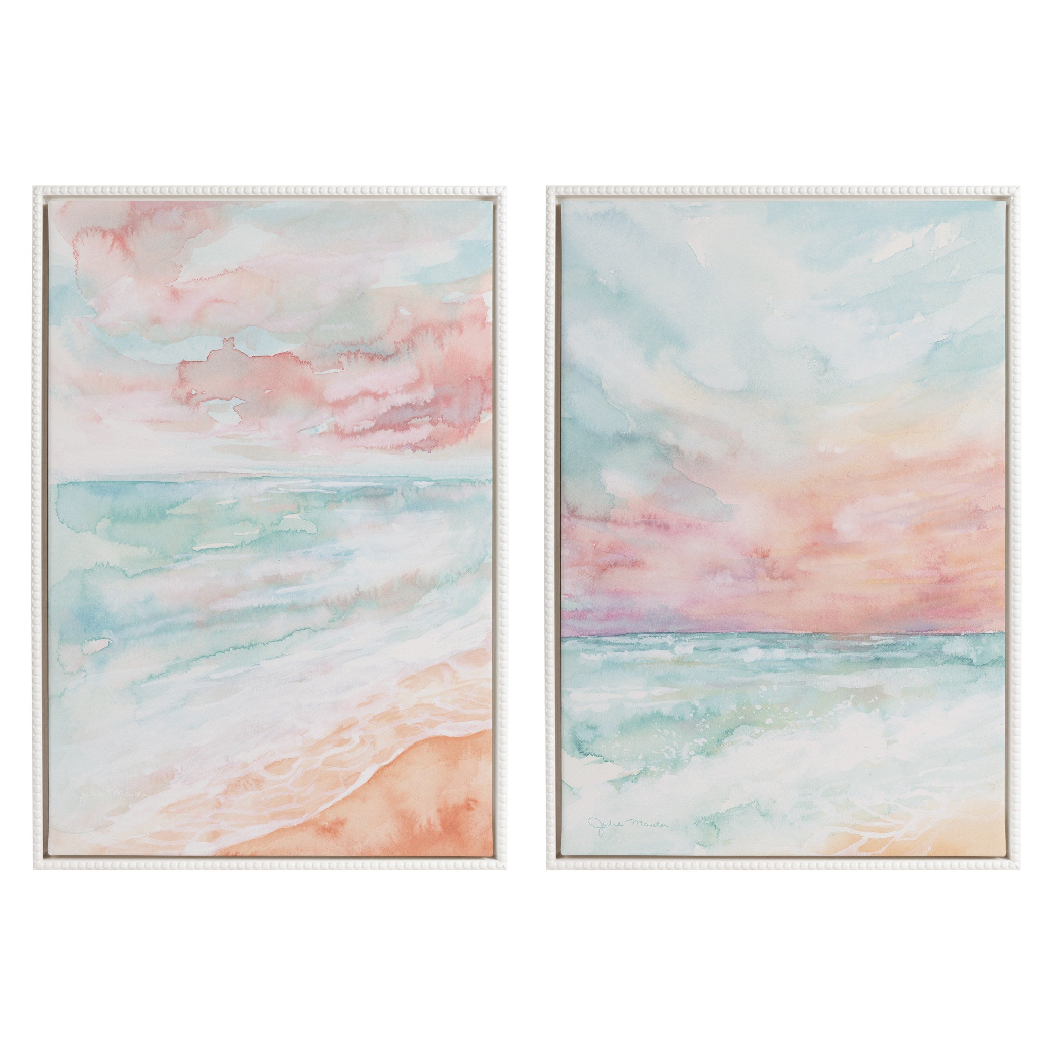 Two framed coastal watercolor canvas prints titled All is Calm and Sky and Sea with vintage white beaded frames
