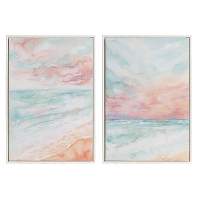 Two framed coastal watercolor canvas prints titled All is Calm and Sky and Sea with vintage white beaded frames