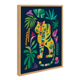 Colorful geometric tiger surrounded by stylized tropical leaves and flowers on a dark blue background, framed in light wood.