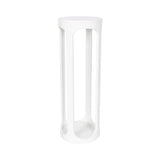 Tall, cylindrical white drink table with three vertical open slats connecting round top and base, creating a minimalist modern silhouette.