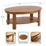 Oval wood coffee table with a natural finish featuring a large smooth tabletop and a lower shelf supported by four sturdy legs.