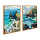 Two framed canvas prints depicting rocky ocean cliffs with neutral linen tone frames