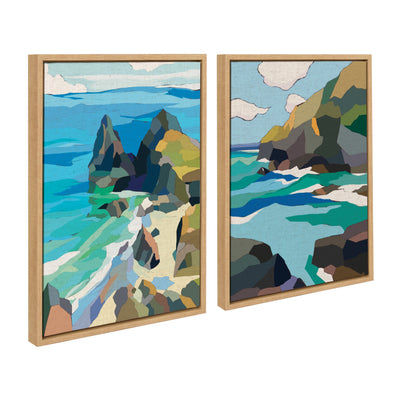Two framed canvas prints depicting rocky ocean cliffs with neutral linen tone frames