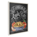 Chalkboard-style framed canvas featuring steaming apple pie in a blue dish with red apples and a sliced apple, captioned "As American As Apple Pie."