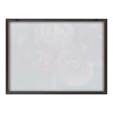 Rectangular dark brown wooden frame with a thin gold inner border surrounding a glass pane reflecting faint floral shapes on a white background.