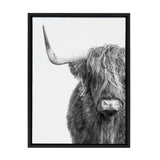 Black and white close-up portrait of a Highland cow with long shaggy hair covering its eyes and a prominent curved horn, framed in black.