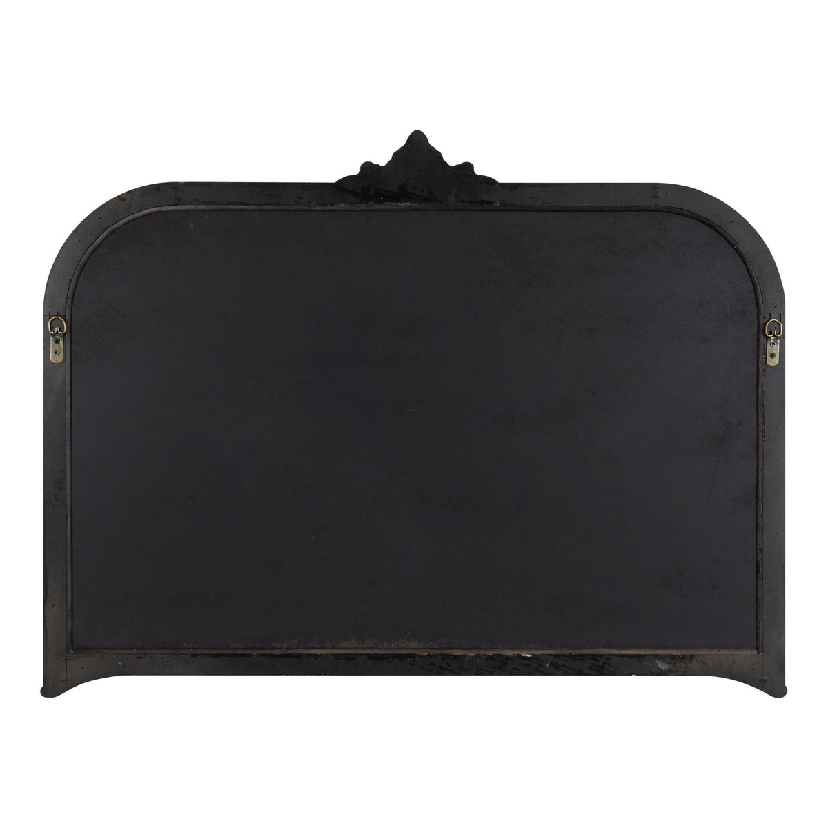 Arched rectangular black metal wall mirror with decorative crest detail at the top center and small hanging hooks on each side.