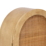 Curved arch-shaped cabinet door with intricately woven rattan panel in light natural wood finish, showing a smooth rounded edge and fine texture detail.