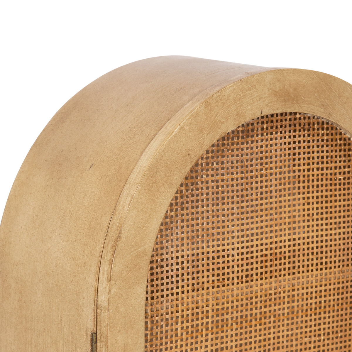 Curved arch-shaped cabinet door with intricately woven rattan panel in light natural wood finish, showing a smooth rounded edge and fine texture detail.