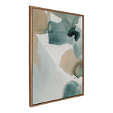 Framed abstract canvas with soft watercolor shapes in teal, beige, and black blending organically on a white background, with a slim wooden frame.