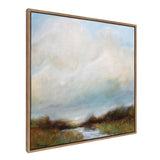 Softly blurred landscape painting with muted blue sky, light clouds, and a reflective water body bordered by dark trees and grassy banks, framed in light wood.