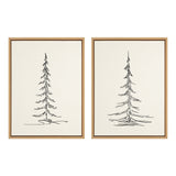 Framed canvas wall art set showing minimalist evergreen tree sketches in neutral tones