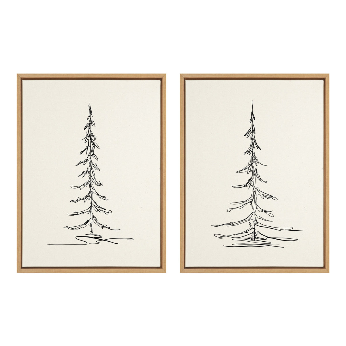 Framed canvas wall art set showing minimalist evergreen tree sketches in neutral tones