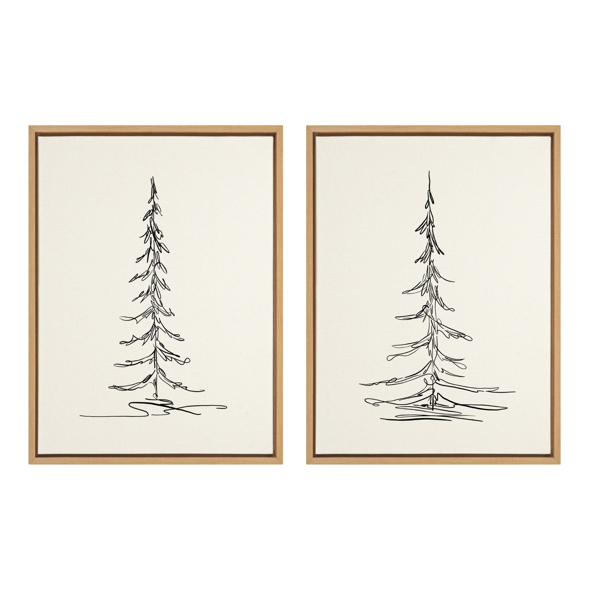 Framed canvas wall art set showing minimalist evergreen tree sketches in neutral tones
