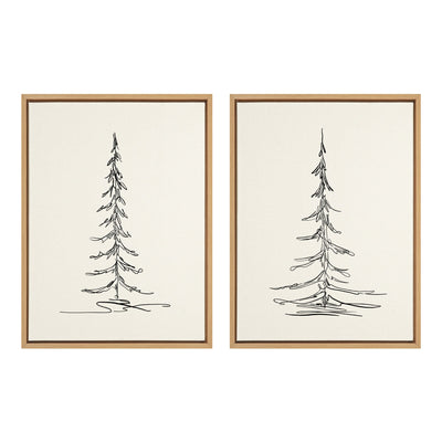 Framed canvas wall art set showing minimalist evergreen tree sketches in neutral tones