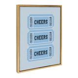 Sylvie Cheers Blue Ticket framed canvas art showing a vintage-styled blue admission ticket with 'Cheers' text in gold on a white wall.