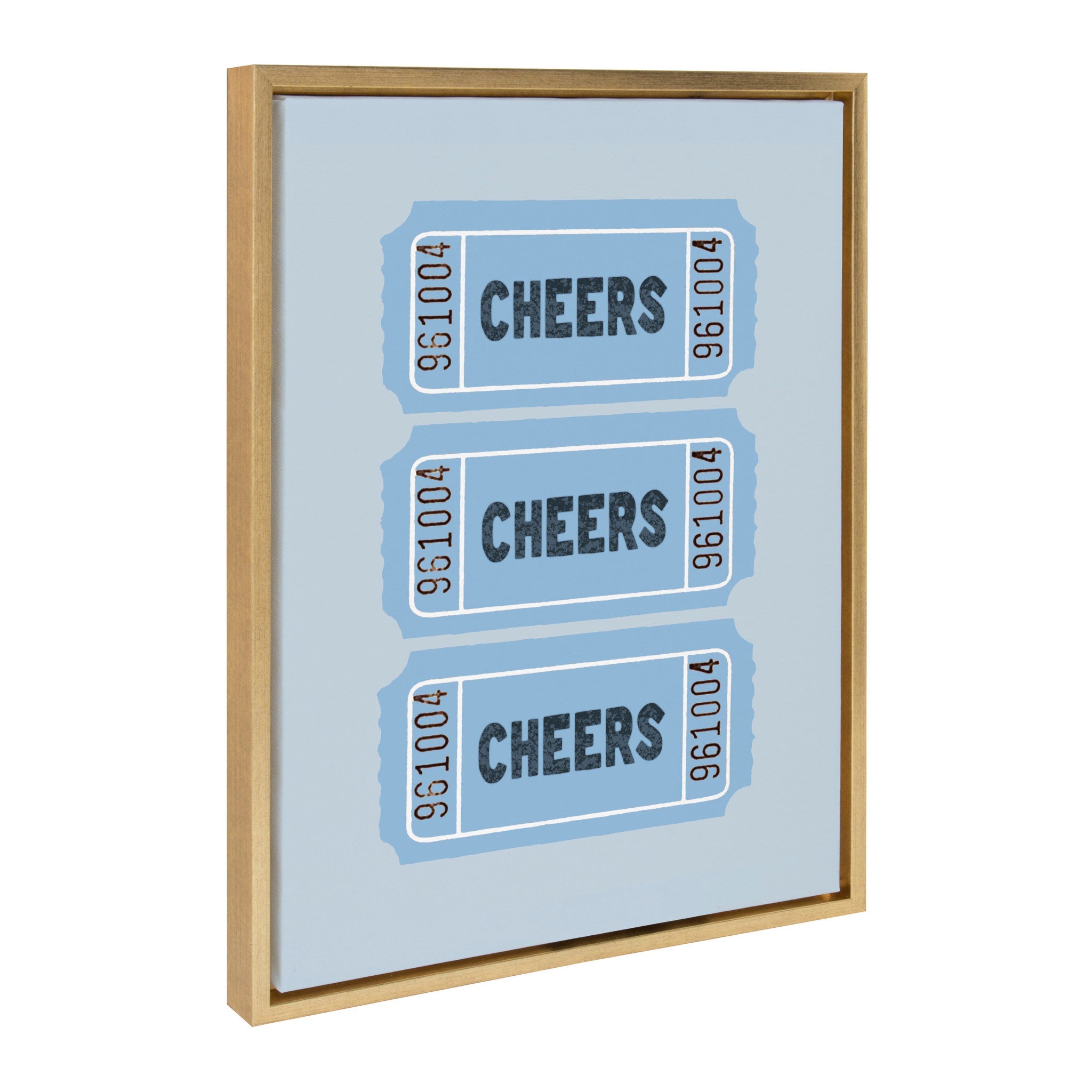 Sylvie Cheers Blue Ticket framed canvas art showing a vintage-styled blue admission ticket with 'Cheers' text in gold on a white wall.