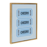 Three blue raffle tickets stacked vertically with the word 'CHEERS' in bold black letters and numbers 951004 and 961004 on each side, framed in light wood.