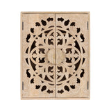 Light wood wall cabinet with intricately carved symmetrical floral and scroll patterns forming a circular design on two doors with central round wooden handles.