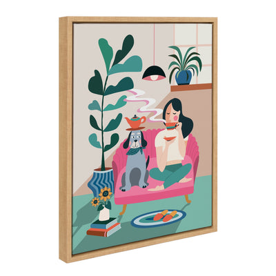 Sylvie Mid Century Modern Tea Time framed canvas depicting a colorful mid-century modern living room scene.