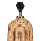 Round dome-shaped table lamp base featuring light brown woven rattan with brass and black socket fittings, shown from a front view.