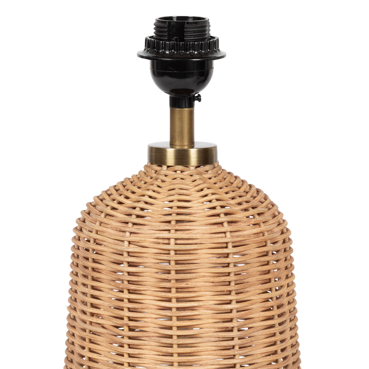 Round dome-shaped table lamp base featuring light brown woven rattan with brass and black socket fittings, shown from a front view.