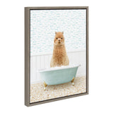 Brown alpaca sitting upright in a pale blue clawfoot bathtub filled with bubbles against a white paneled wall and wallpaper patterned with small blue fish.