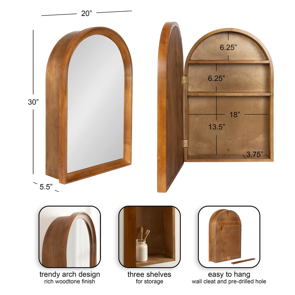 Arched wooden vanity cabinet with mirror front, showing warm wood finish and three internal shelves with detailed dimensions, designed for wall hanging with cleat.