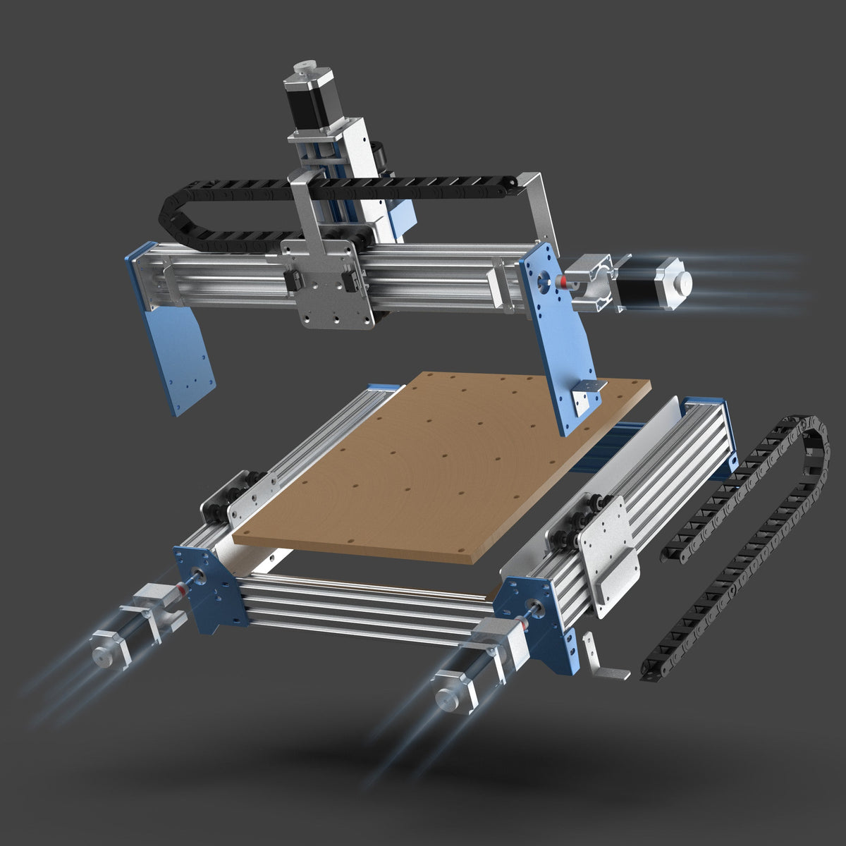 Rendering of a PROVerXL 4030 CNC router frame with aluminum rails, blue mounting plates, and a brown spoilboard, shown on a dark gray background.