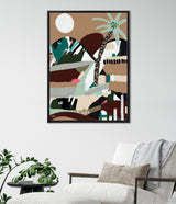 Abstract framed canvas with a large white circle, green and brown shapes, and a stylized tree with a spotted trunk against a tan background, hanging above a white chair.