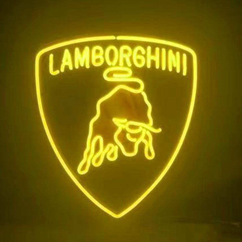 Lamborghini Racing Car Neon Signs Light illuminated on wall with bright orange and yellow glow