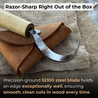 Large hook knife for spoon carving with ash wood handle and protective leather case