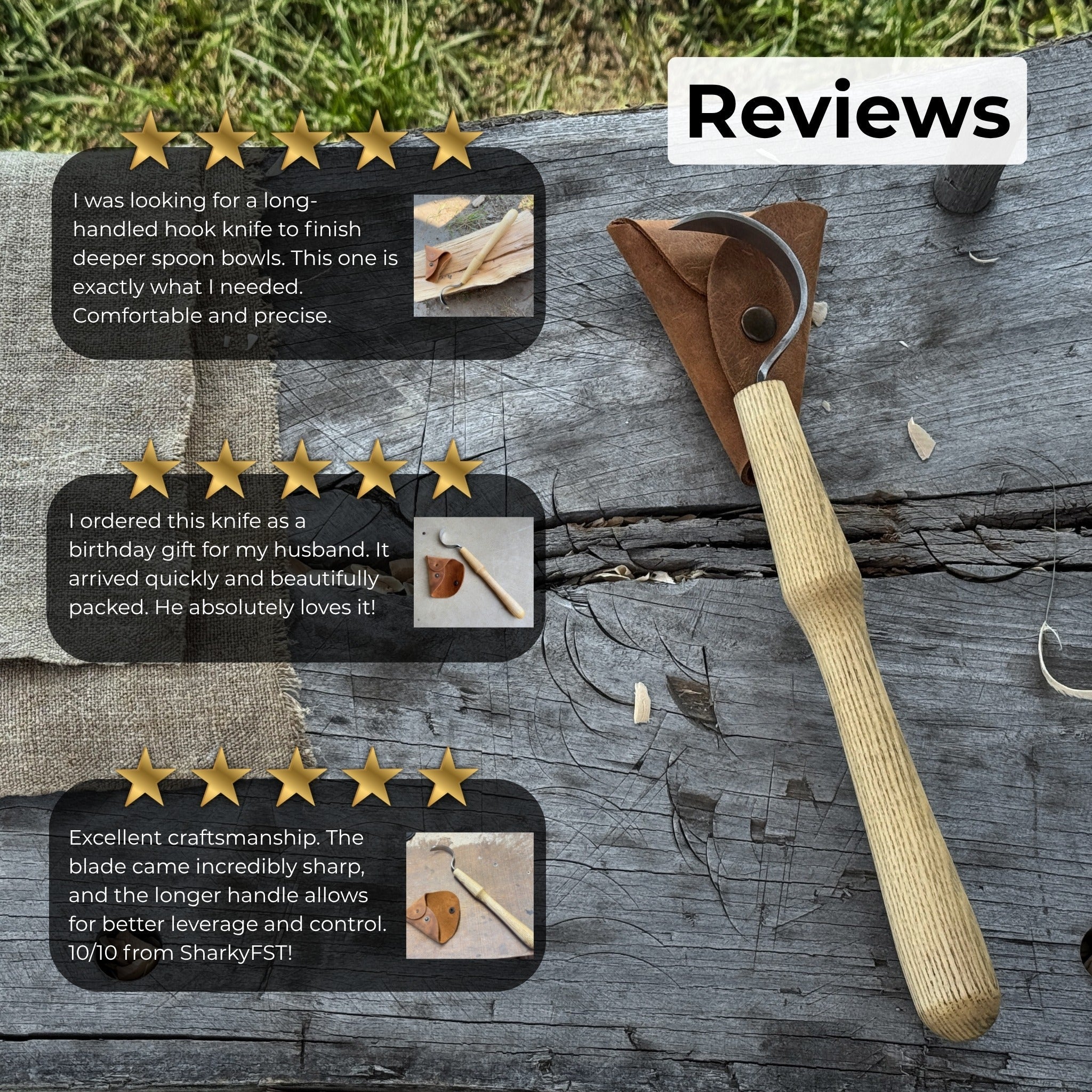 Large hook knife for spoon carving with ash wood handle and protective leather case