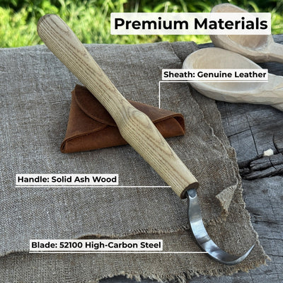 Large hook knife for spoon carving with ash wood handle and protective leather case