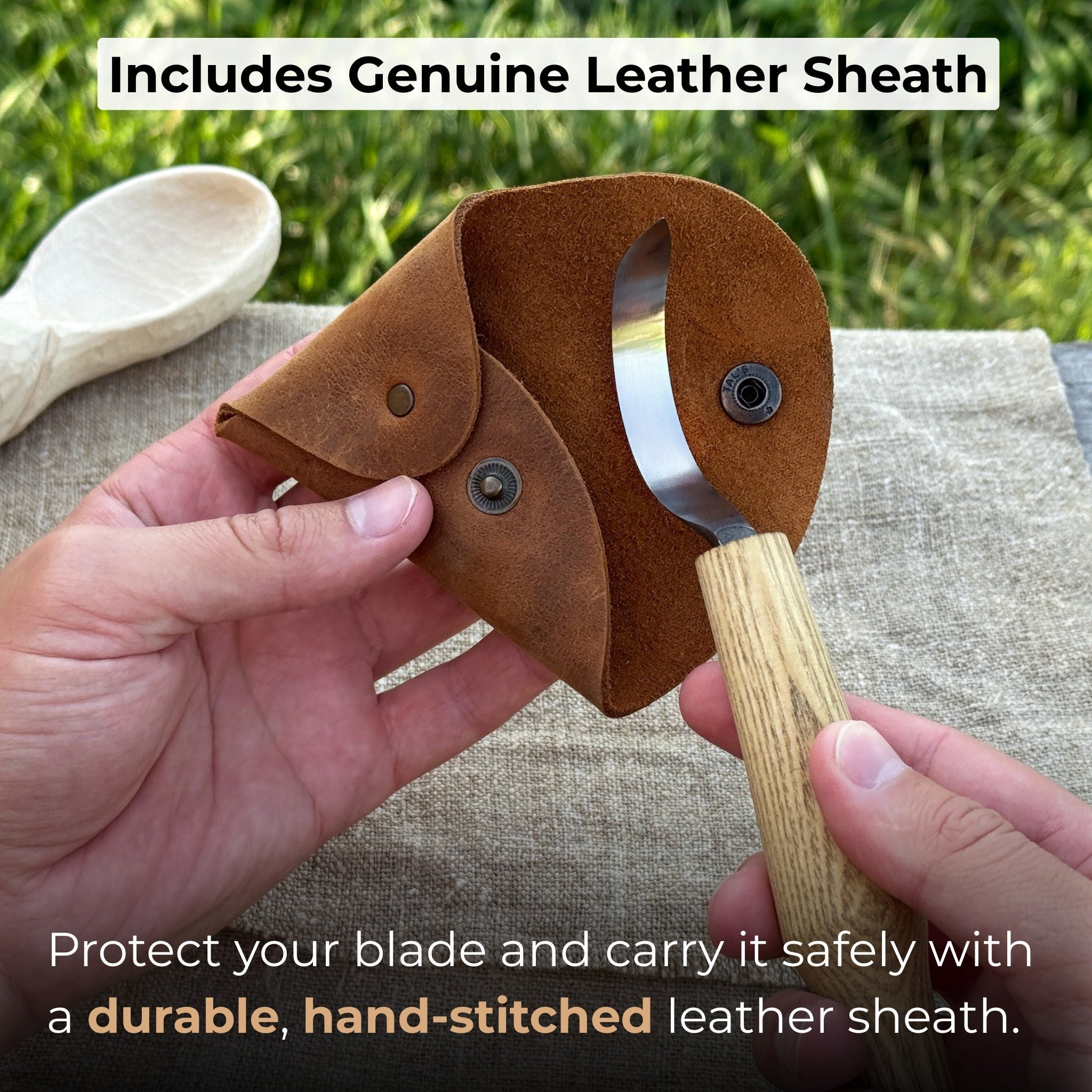 Large hook knife for spoon carving with ash wood handle and protective leather case