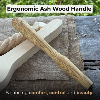 Large hook knife for spoon carving with ash wood handle and protective leather case