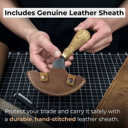Large Leather Round Knife 12.5 cm with ash wood handle and high-carbon steel blade