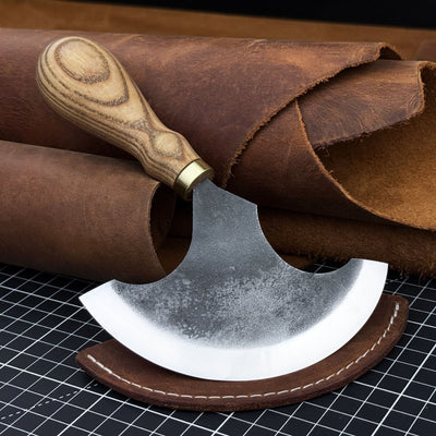 Large Leather Round Knife 12.5 cm with ash wood handle and high-carbon steel blade
