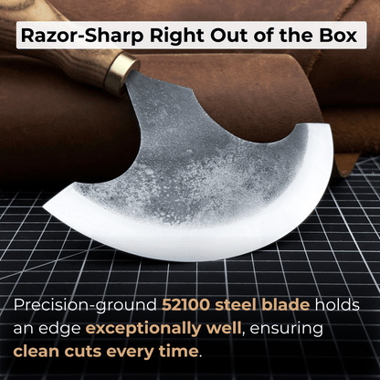 Large Leather Round Knife 12.5 cm with ash wood handle and high-carbon steel blade