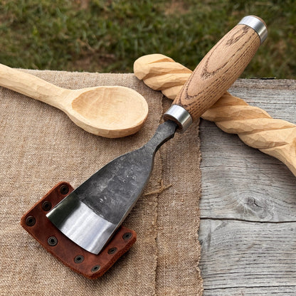 Large straight gouge rounded chisel with ash wood handle and carbon steel blade
