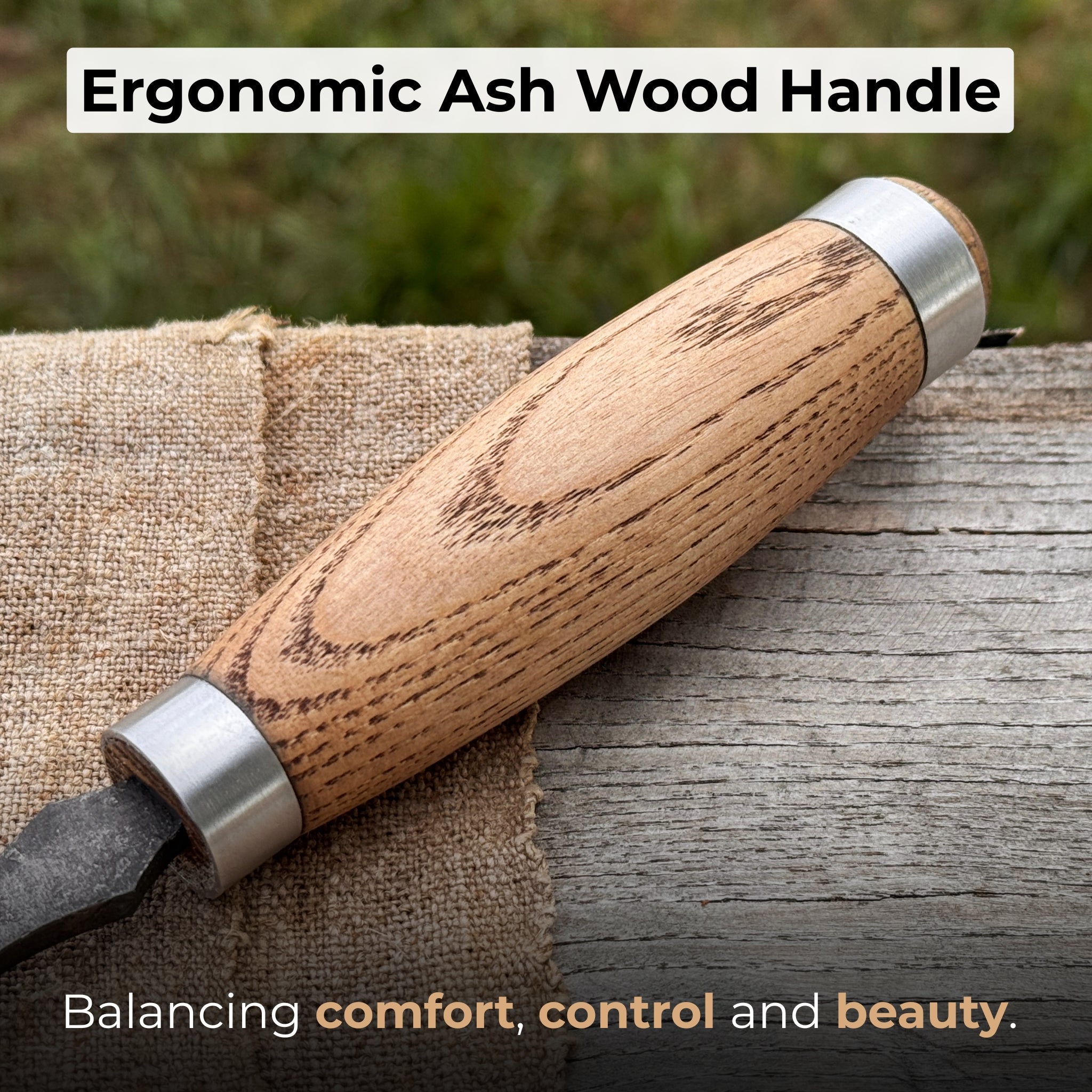 Large straight gouge rounded chisel with ash wood handle and carbon steel blade