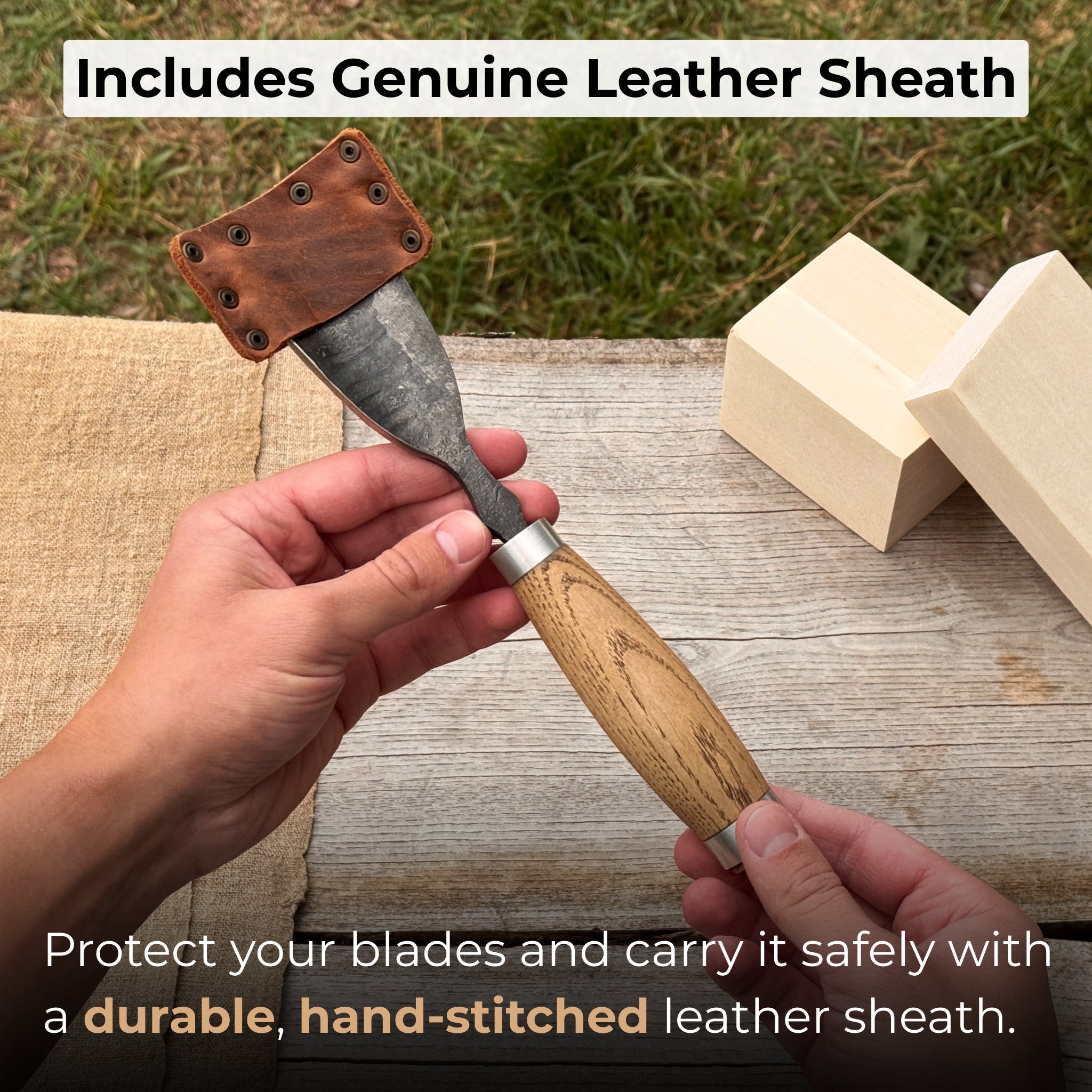 Large straight gouge rounded chisel with ash wood handle and carbon steel blade