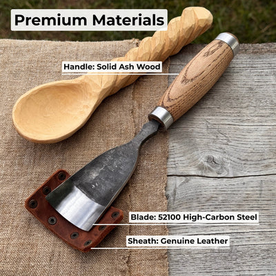 Large straight gouge rounded chisel with ash wood handle and carbon steel blade