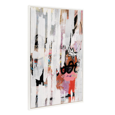 Sylvie Beaded Street Art Framed Canvas by Nikki Chu showing bright colorful abstract print and vintage beaded white frame hanging in a modern interior