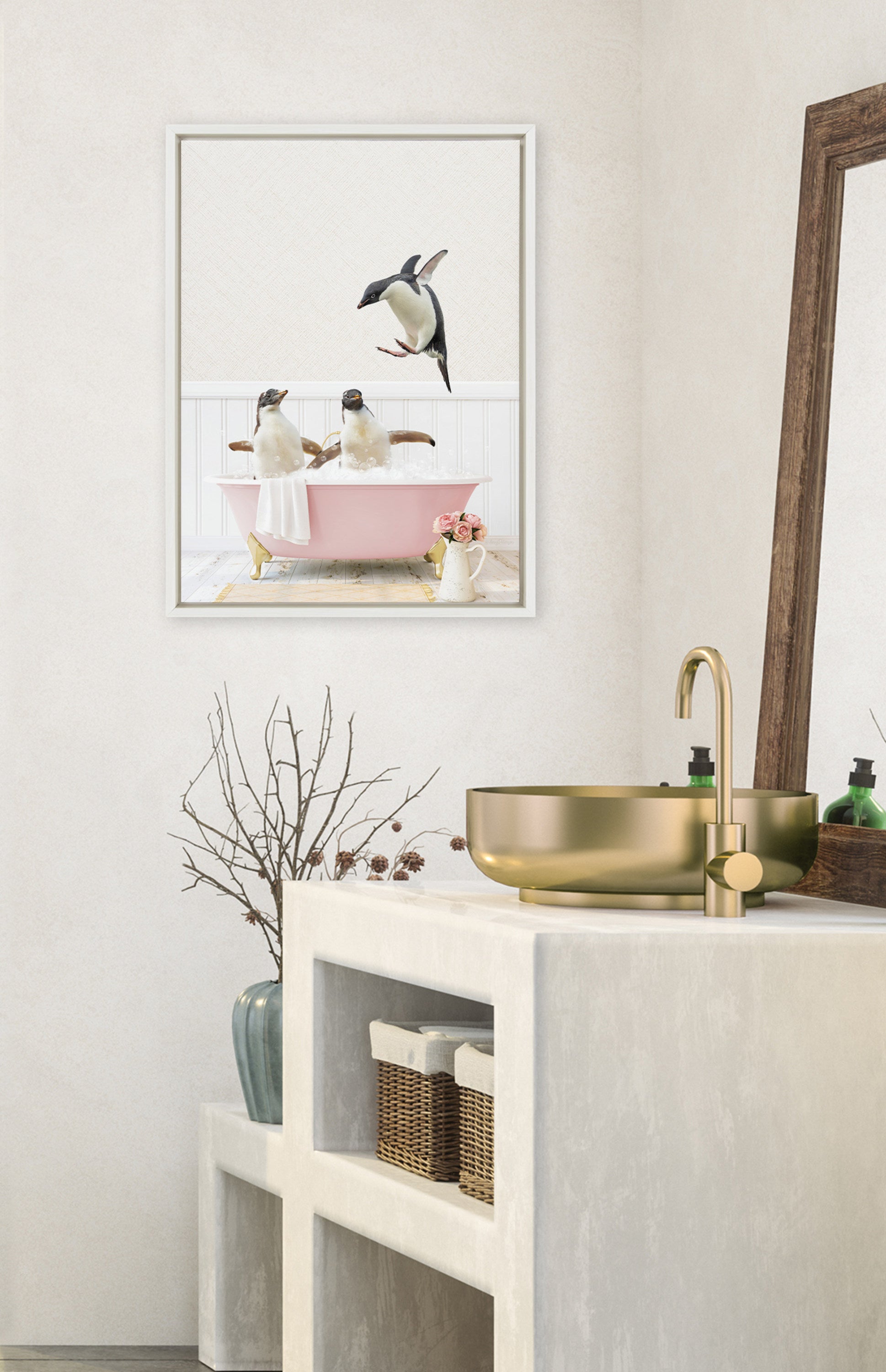 Sylvie Penguins Playing in Cottage Rose Bath Framed Canvas by kateandlaurel - product image 10 for Resin Society