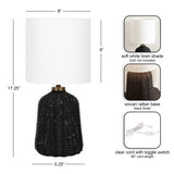 Table lamp with a black woven rattan base and an 8-inch soft white linen shade, measuring 17.25 inches tall with a clear cord and toggle switch.